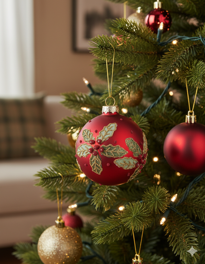 Hanging Holly Design Red Bauble, 8cm