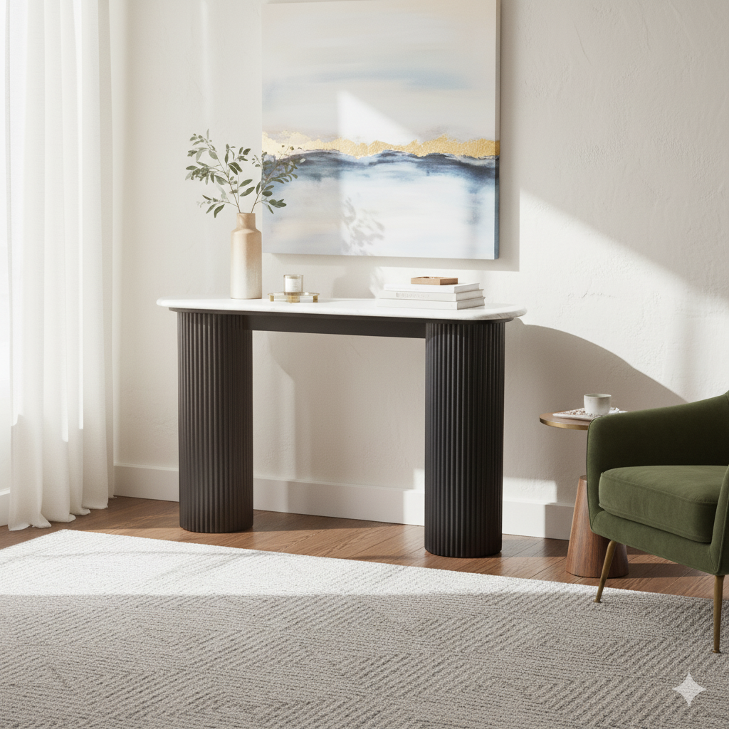 Walton Travertine Top Console Table with Black Acacia Wood Legs