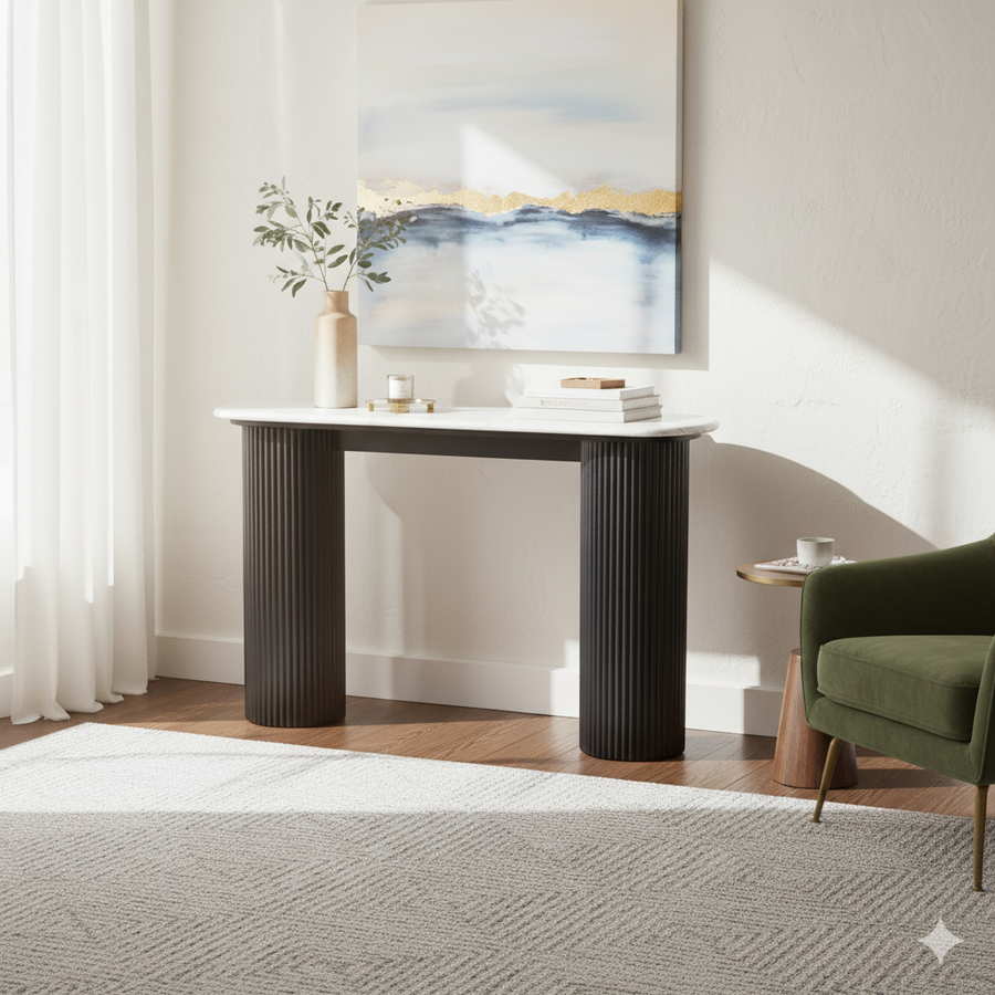 Walton Travertine Top Console Table with Black Acacia Wood Legs