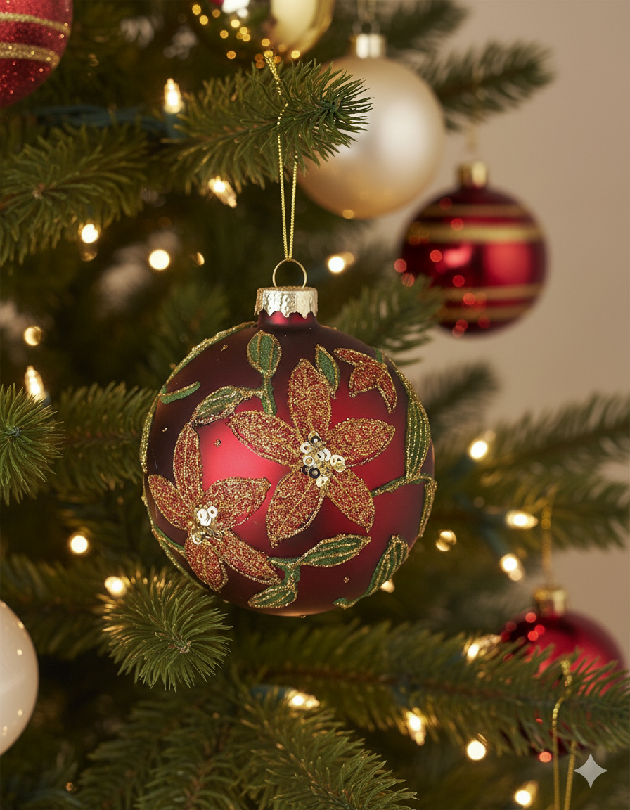 8cm Red Flowers Bauble With Gold Sequins