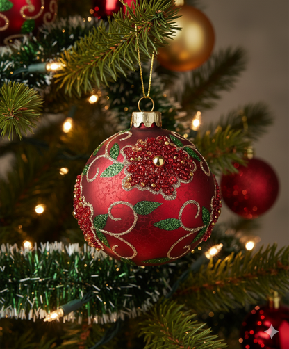 Glass Red Embellished Bauble, 8cm