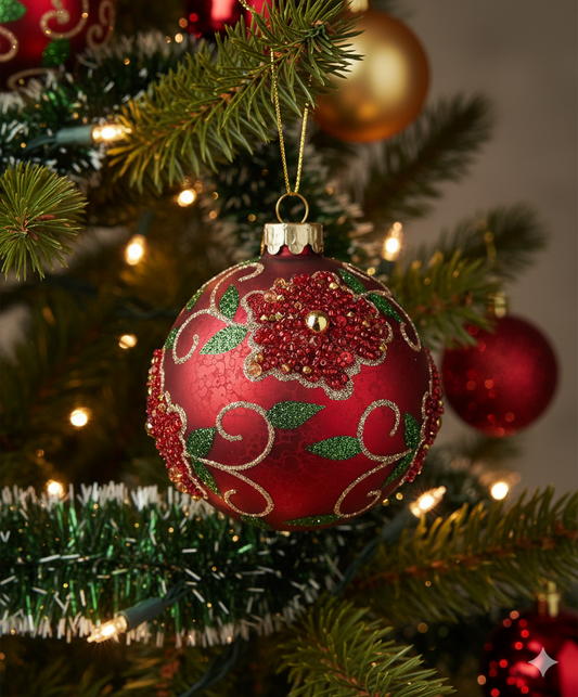 Glass Red Embellished Bauble, 8cm