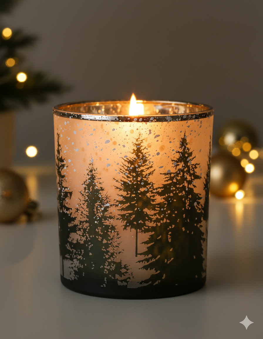 Christmas Glass Snowy Forest T-light Holder, 10cm