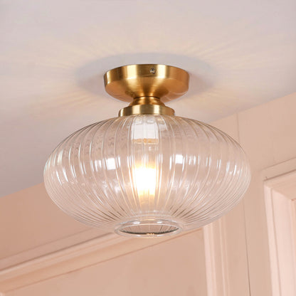 Brushed Brass Fluted Clear Glass Flush Ceiling Light