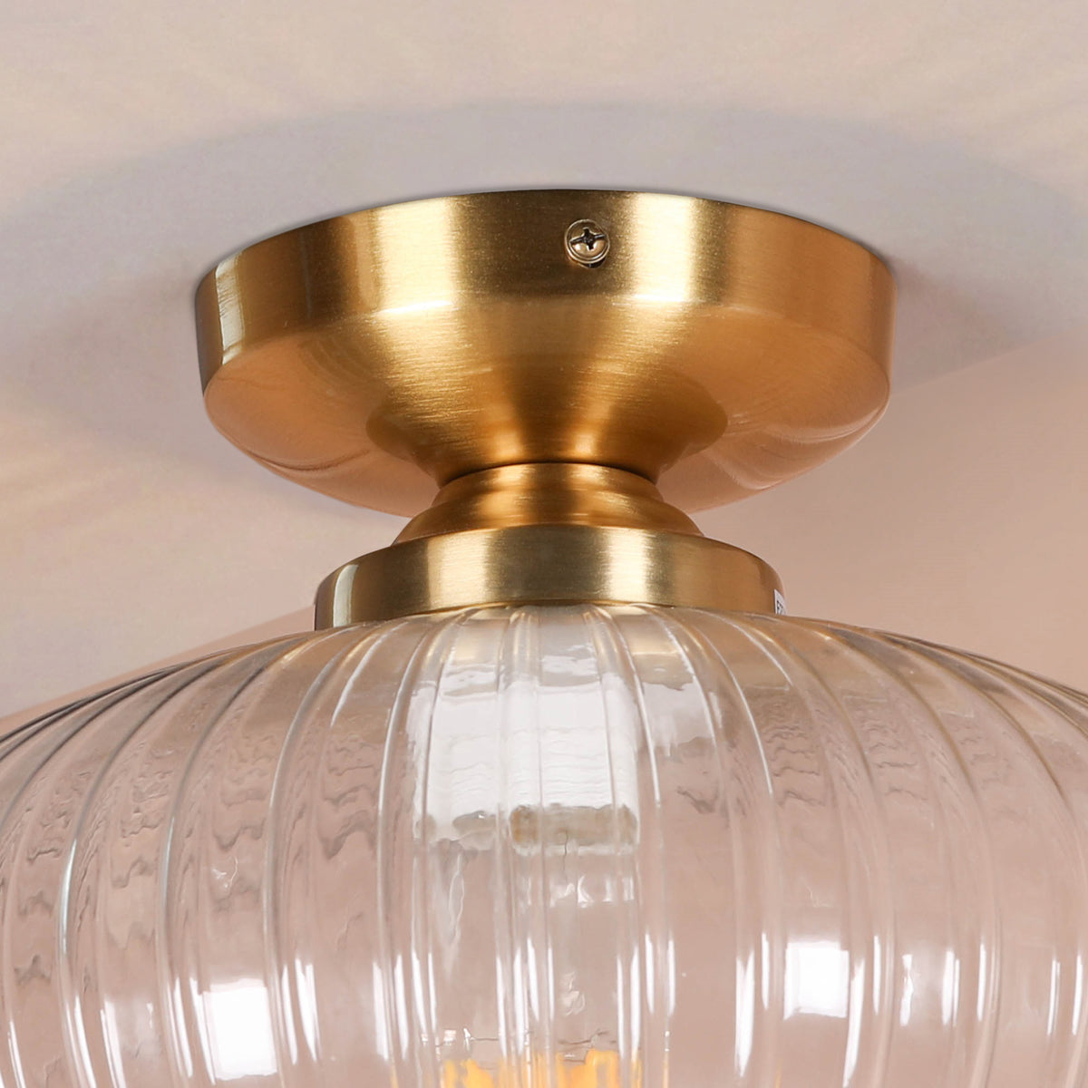 Brushed Brass Fluted Clear Glass Flush Ceiling Light