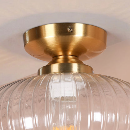 Brushed Brass Fluted Clear Glass Flush Ceiling Light