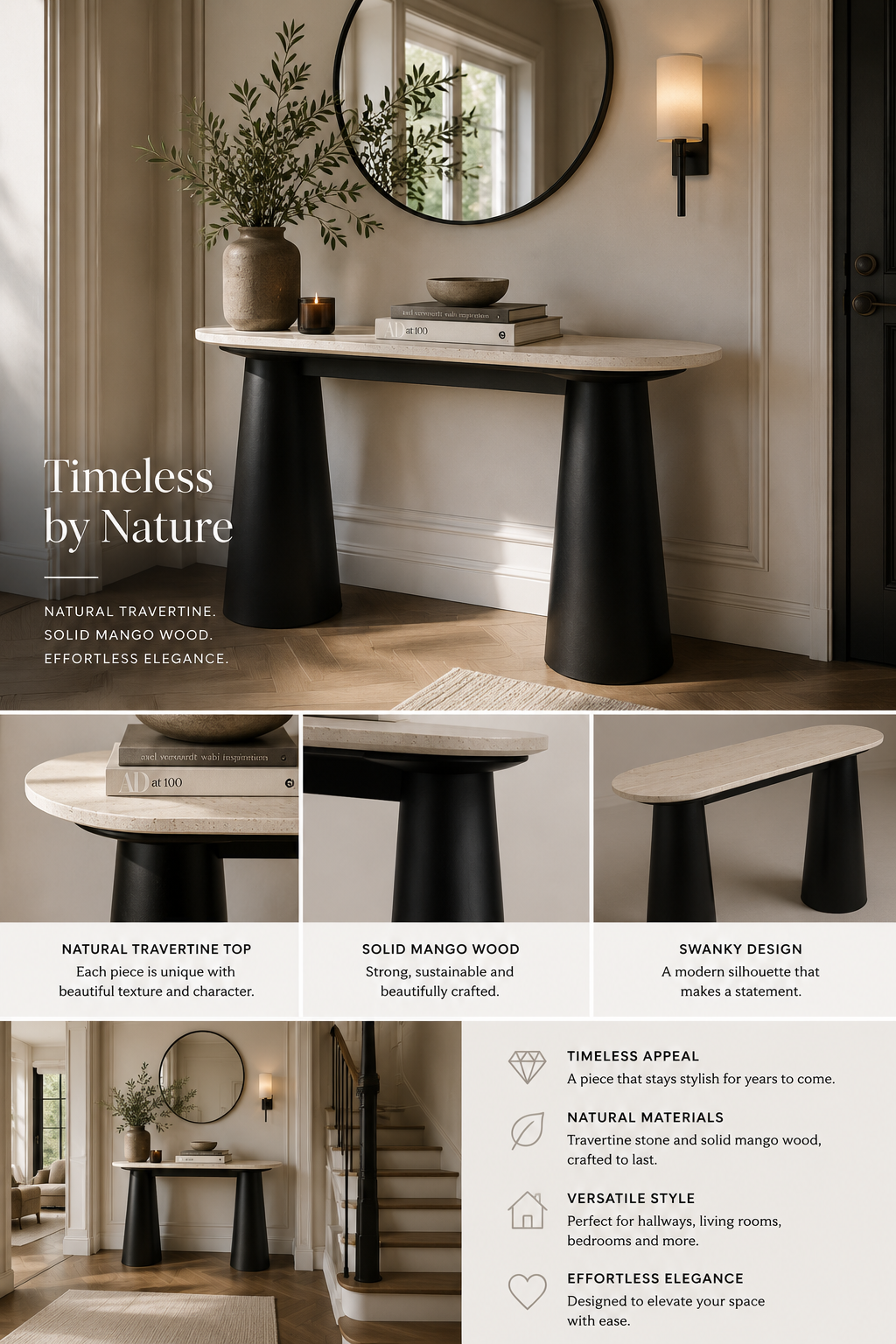 Waris Travertine Top and Black Mango Wood Console Table