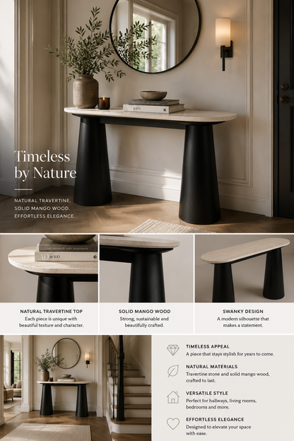 Waris Travertine Top and Black Mango Wood Console Table