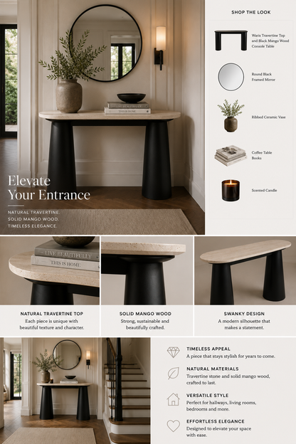 Waris Travertine Top and Black Mango Wood Console Table