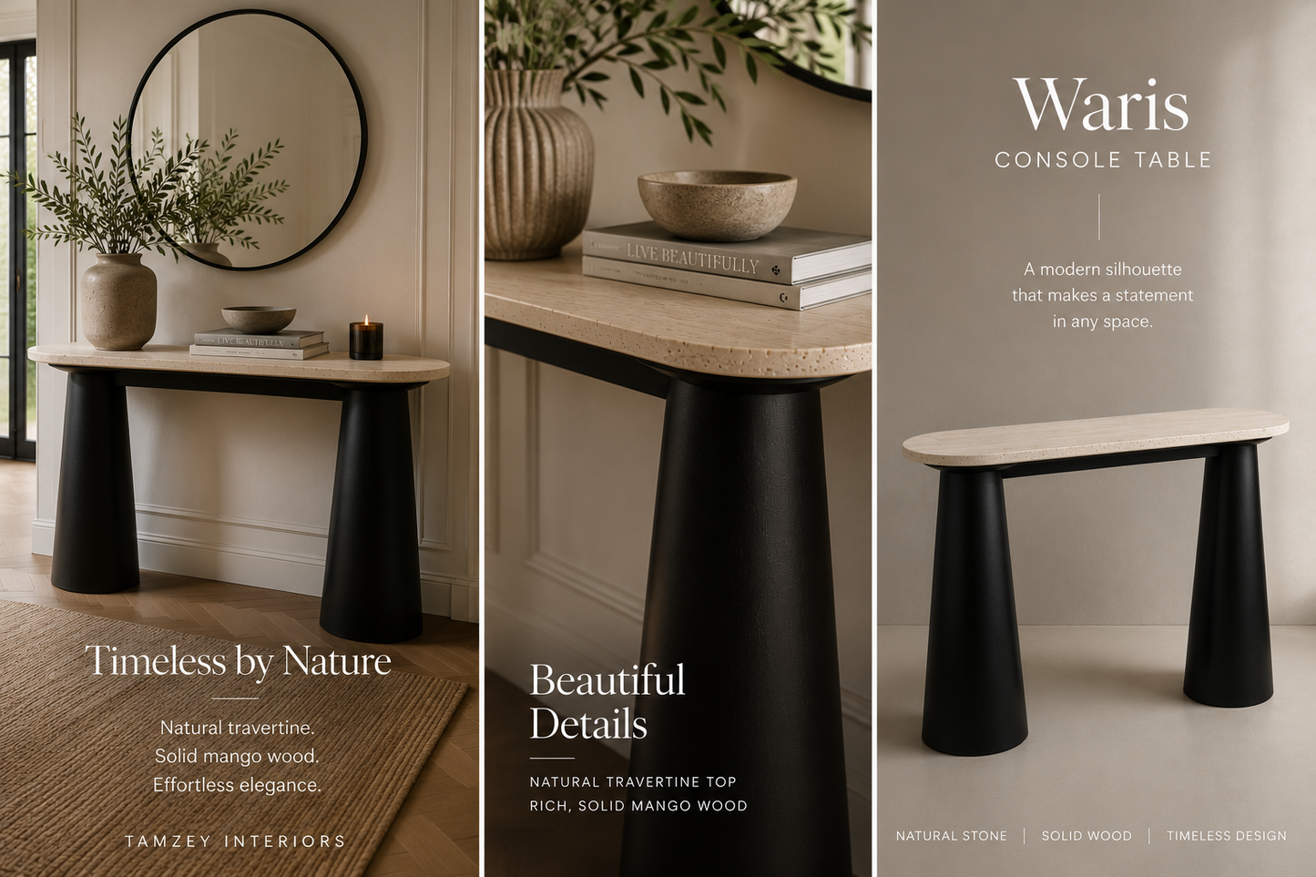 Waris Travertine Top and Black Mango Wood Console Table