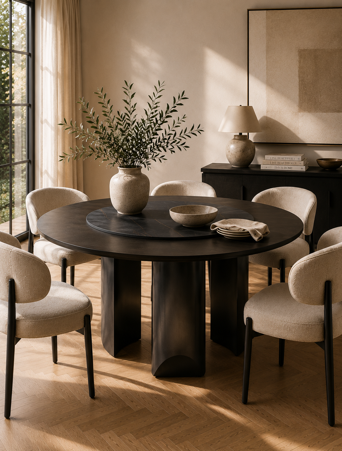 Imperia Round Veneer Dining Table with Ceramic Lazy Susan