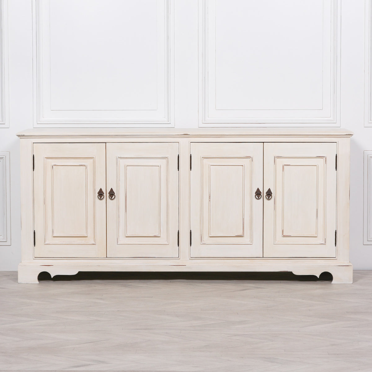 Distressed Aged White Brush Painted Classical Sideboard