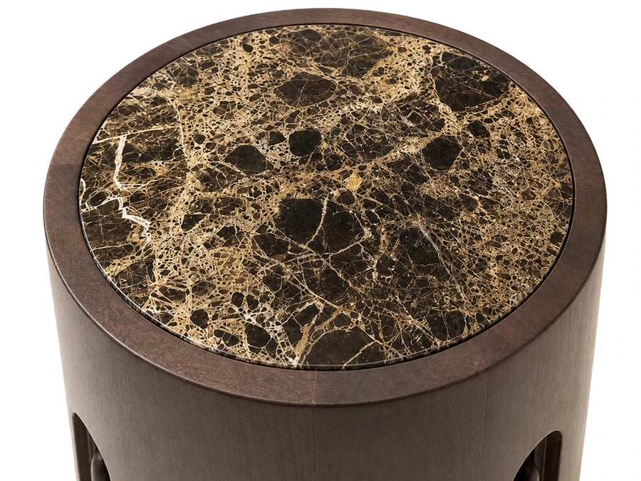 Barola Round Brown Marble and Dark Mango Wood Carved Side Table