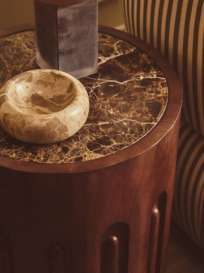 Barola marble and carved mango wood side table