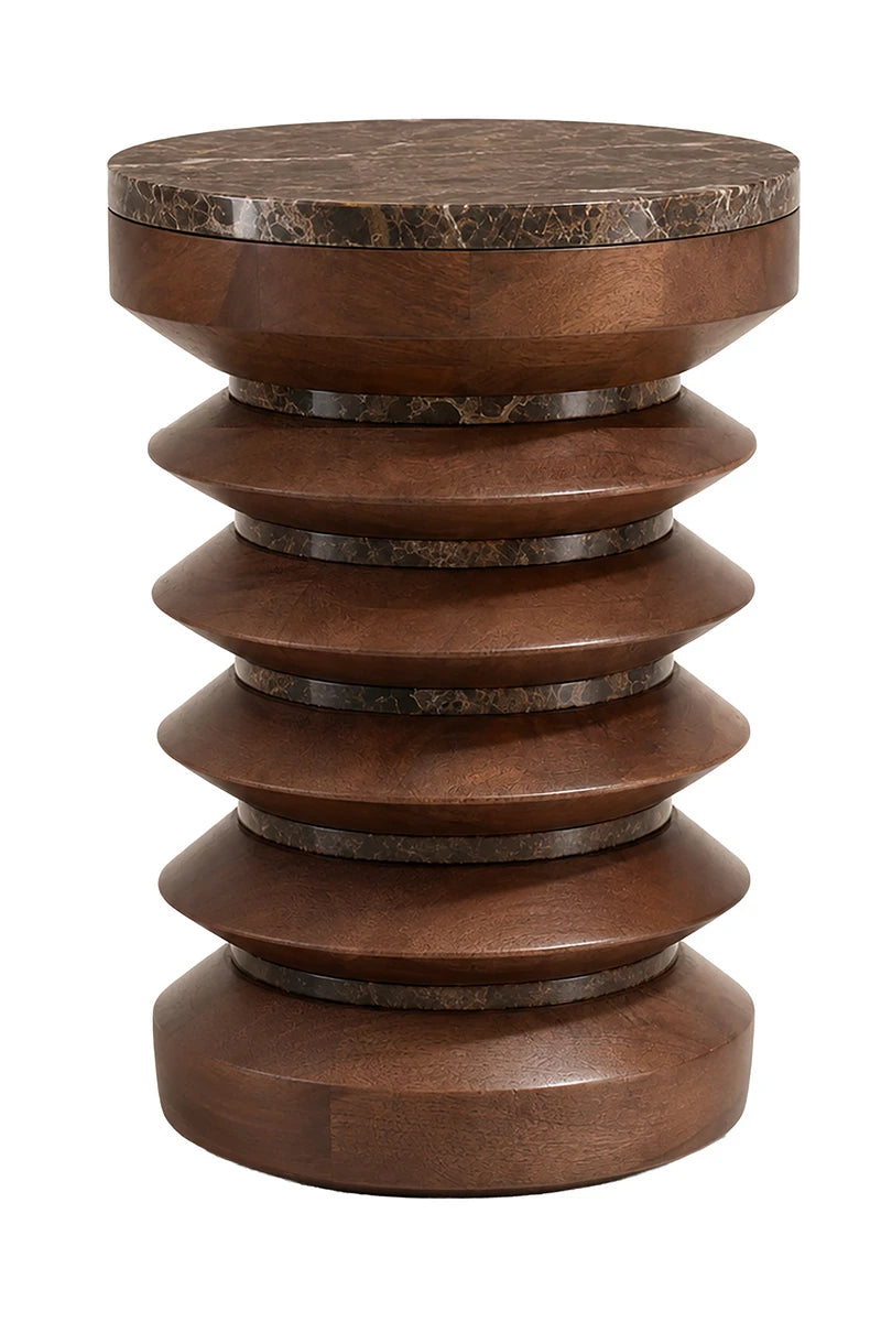 Barola round brown marble and carved mango wood side table