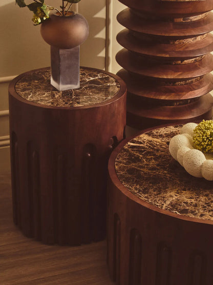 Barola round brown marble and carved mango wood side table