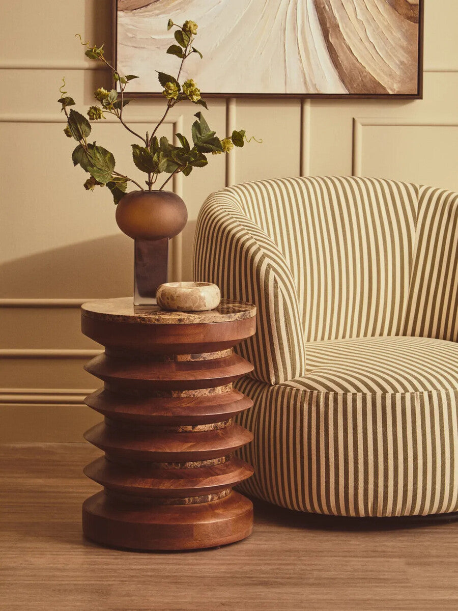 Barola round brown marble and carved mango wood side table