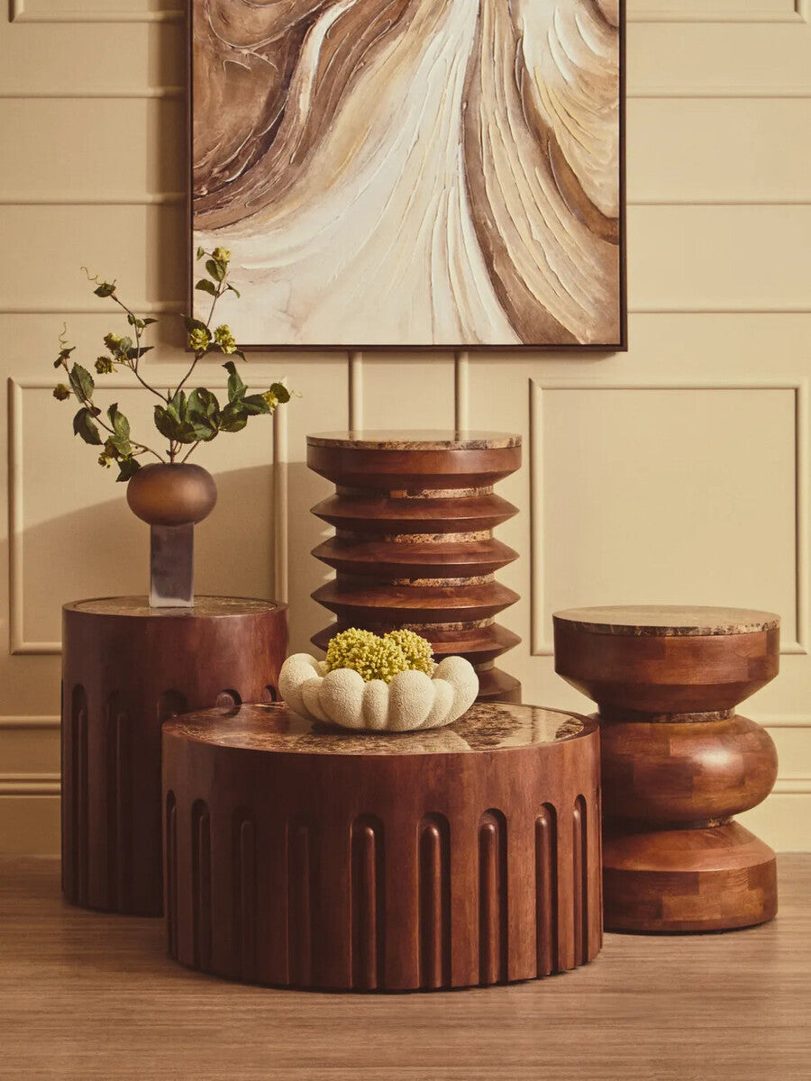 Barola round brown marble and carved mango wood side table
