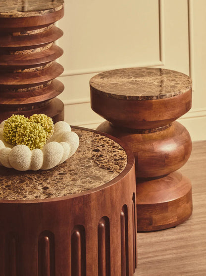 Barola round brown marble and carved mango wood side table