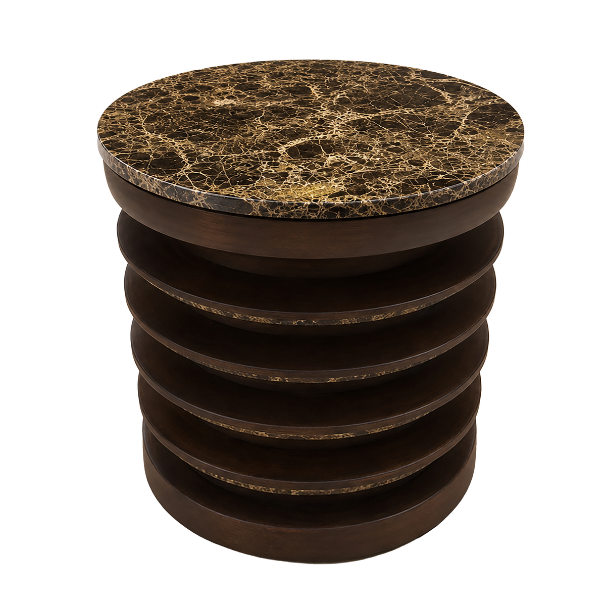 Barola round brown marble and carved mango wood side table