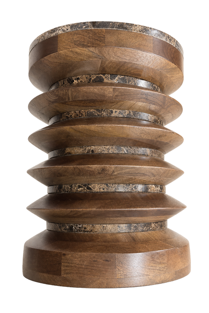 Barola round brown marble and carved mango wood side table