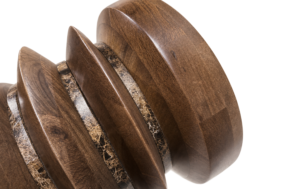 Barola round brown marble and carved mango wood side table