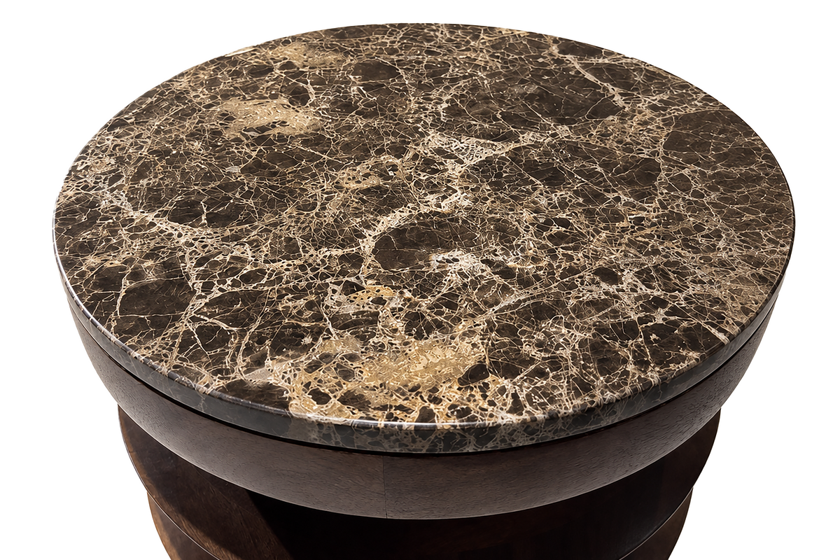 Barola round brown marble and carved mango wood side table