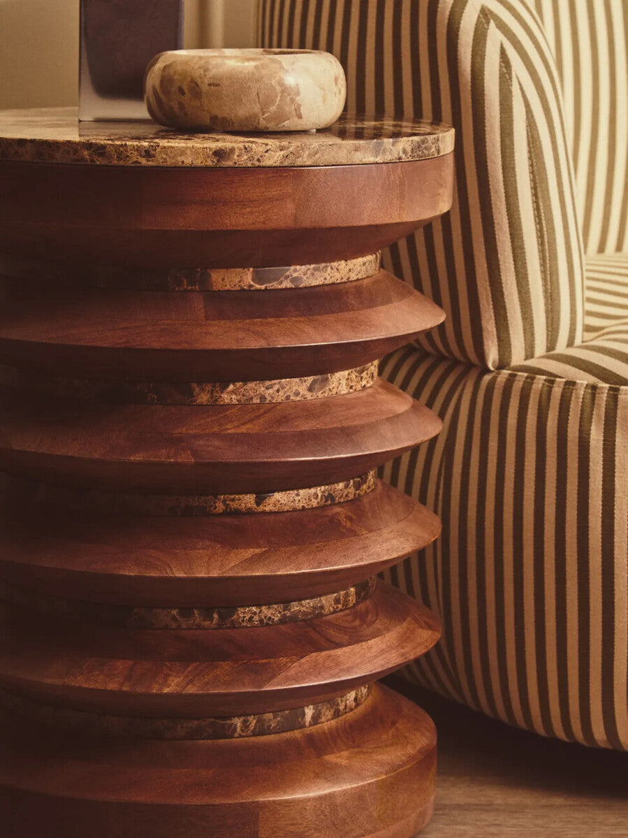 Barola round brown marble and carved mango wood side table