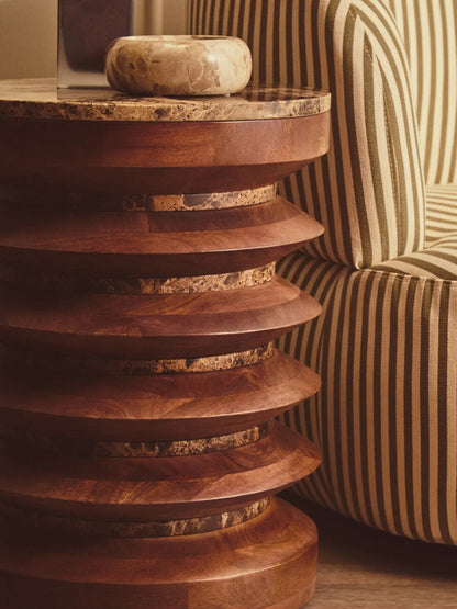 Barola round brown marble and carved mango wood side table