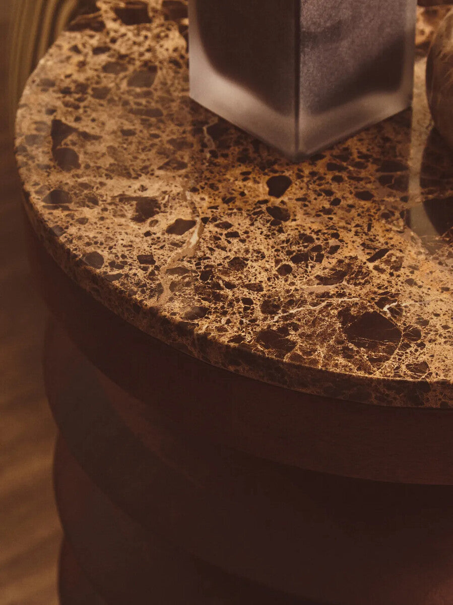 Barola round brown marble and carved mango wood side table