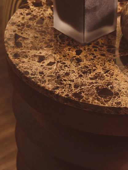 Barola round brown marble and carved mango wood side table