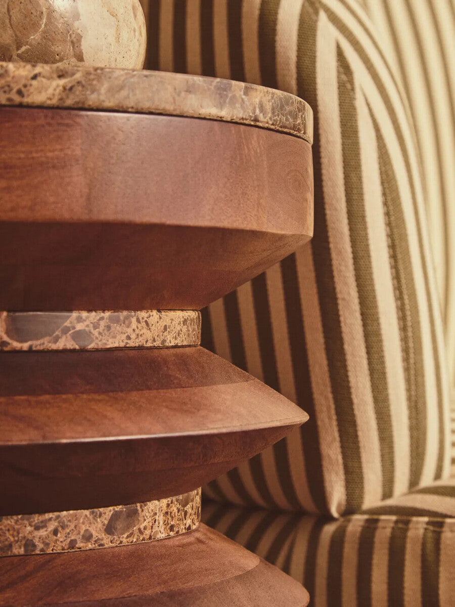 Barola round brown marble and carved mango wood side table