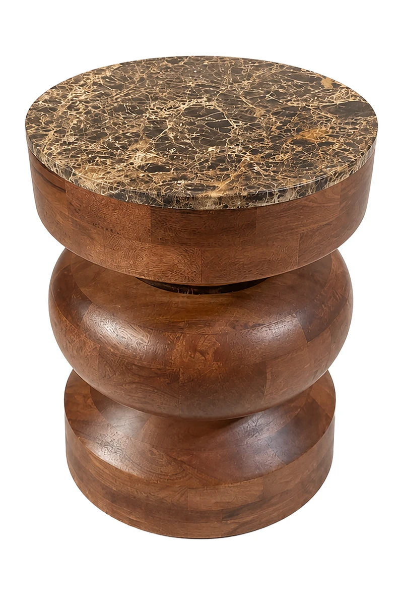 Barola marble and carved mango wood side table