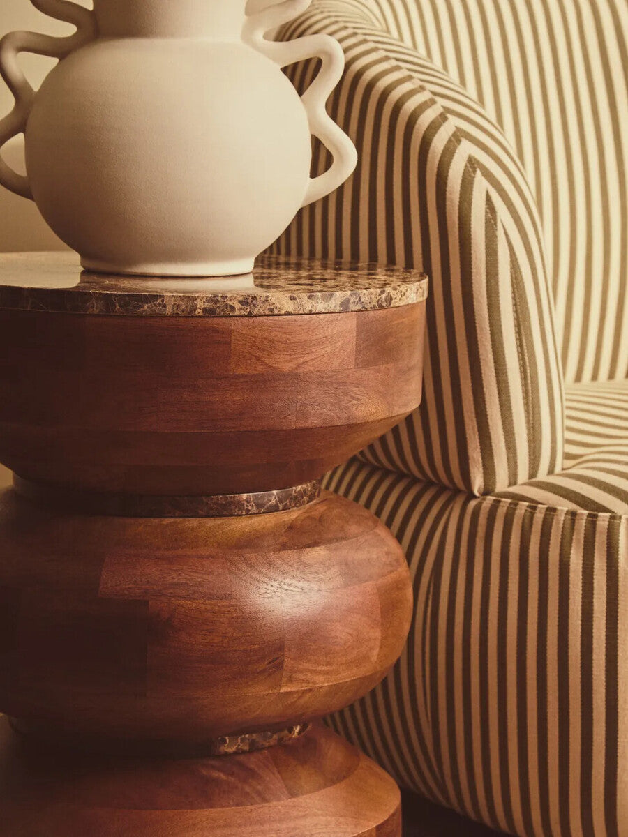 Barola marble and carved mango wood side table