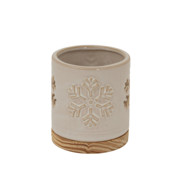 Alora Ceramic Snowflake Candle Holder On Wood Base