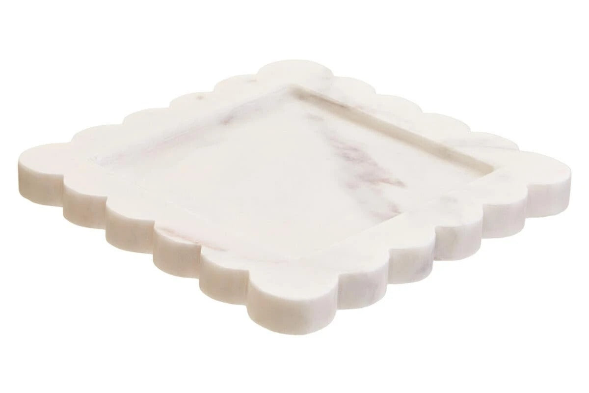 Savio Scalloped White Marble Square Tray