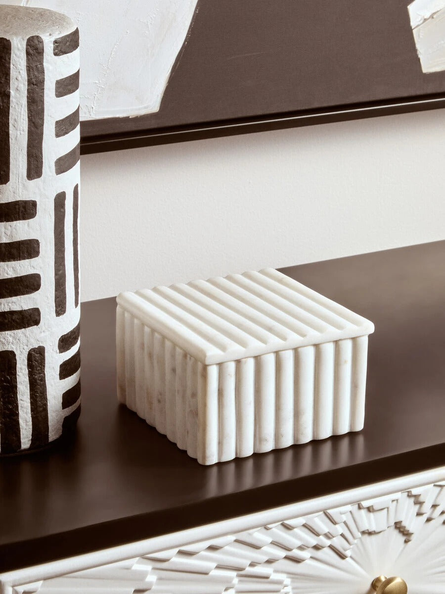 Savio Rectangular White Fluted Marble Box