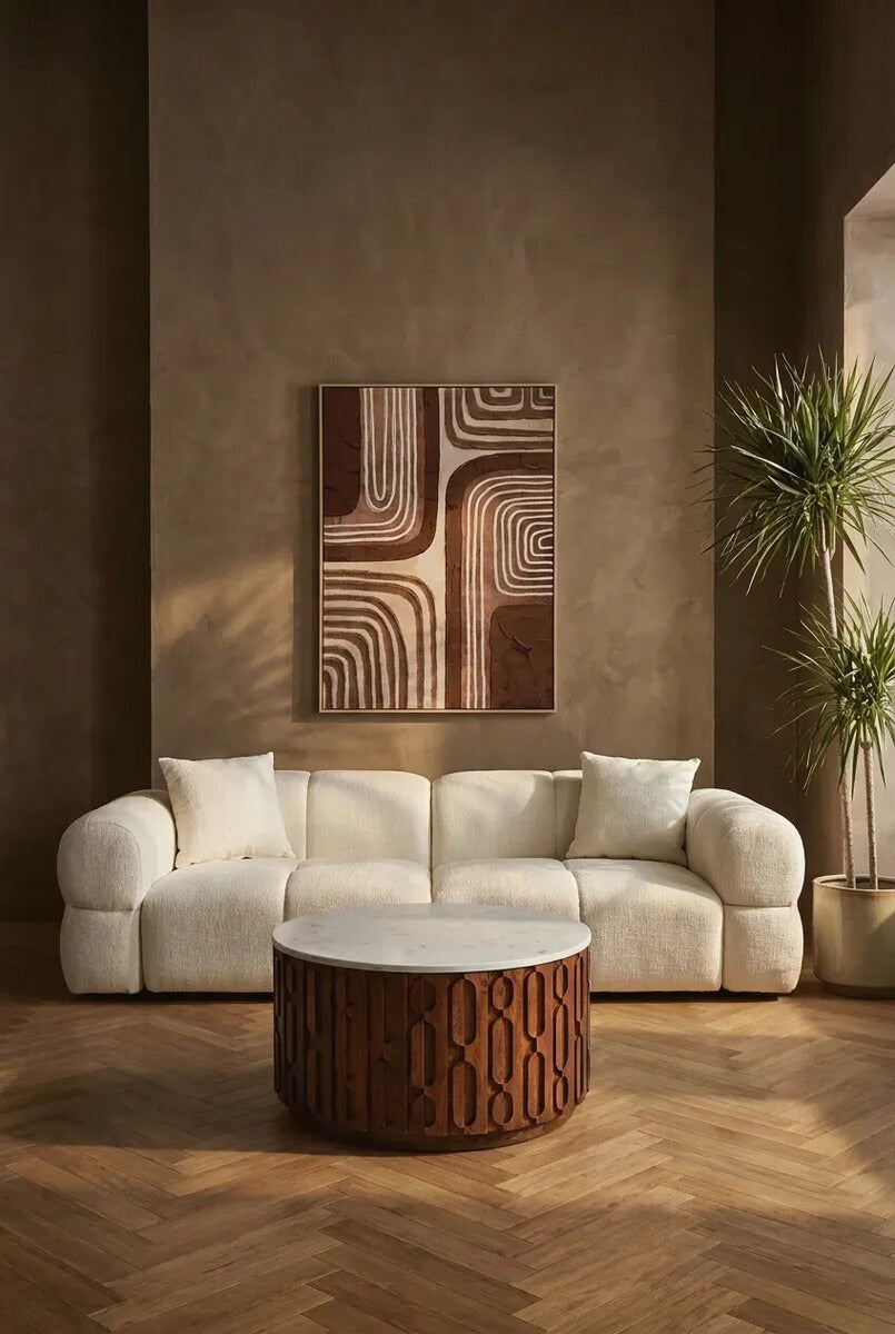Torcino Marble and Carved Mango Wood Round Coffee Table