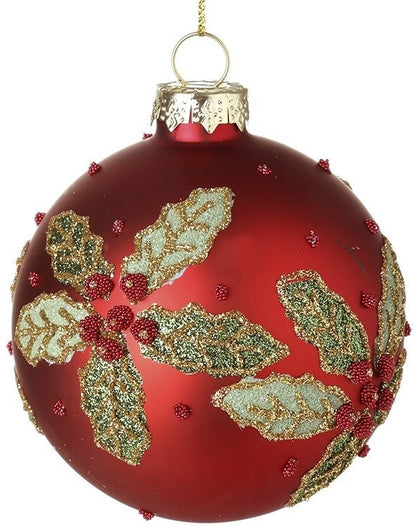 Hanging Holly Design Red Bauble, 8cm