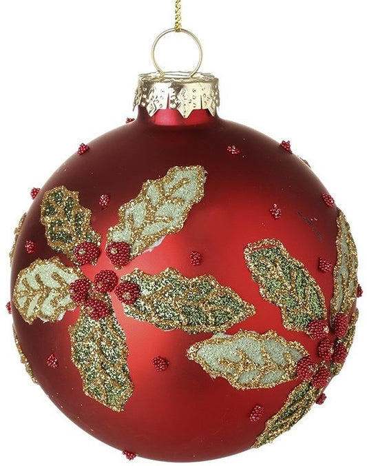 Hanging Holly Design Red Bauble, 8cm