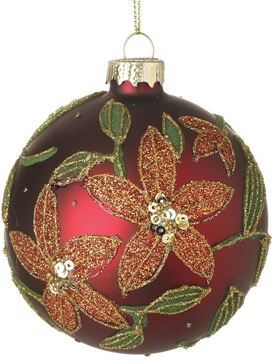 8cm Red Flowers Bauble With Gold Sequins