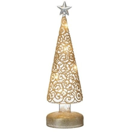 Glass Light Up Tree Decoration With Gold Swirls