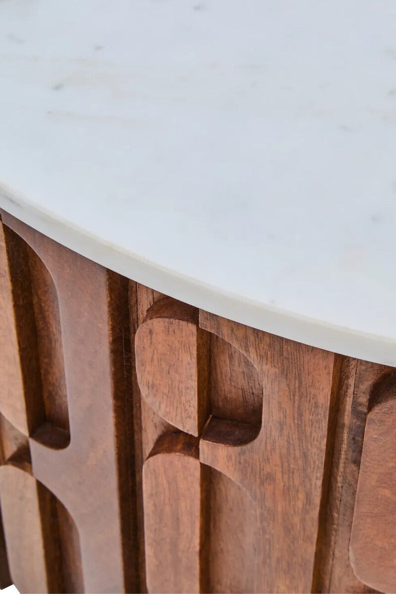 Torcino Marble and Carved Mango Wood Round Coffee Table