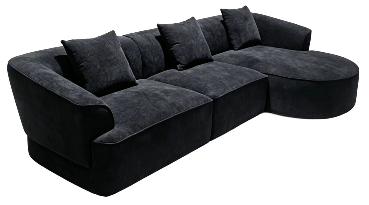 Messina black textured three seater corner chaise sofa with three cushions