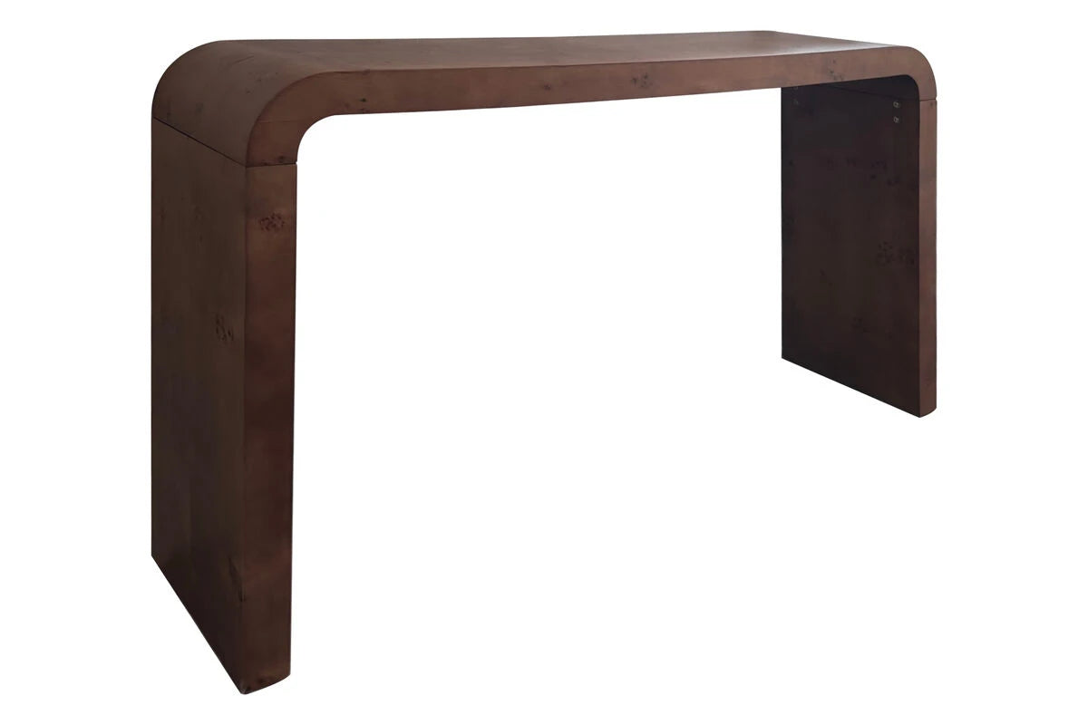 Mota walnut finish burl wood design curved console table