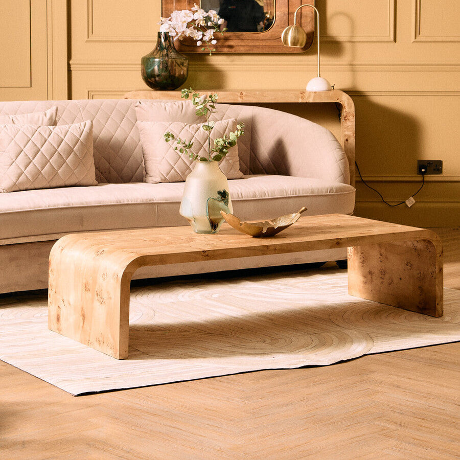 Mota natural burl wood curved coffee table in a living room