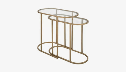 Slide Set of 2 Nesting Side Table in Clear Glass & Antique Brass Finish