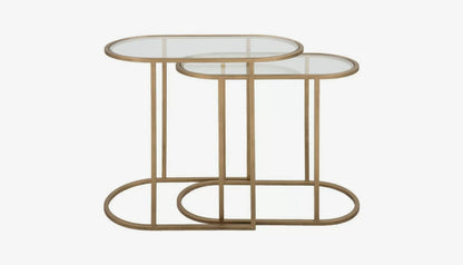 Slide Set of 2 Nesting Side Table in Clear Glass & Antique Brass Finish