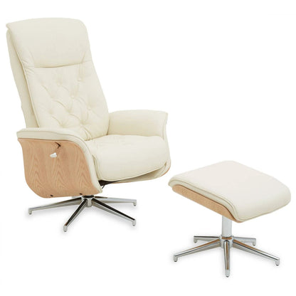 Warrington ivory leather effect recliner and matching footstool