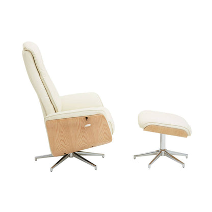 Warrington ivory leather effect recliner and matching footstool